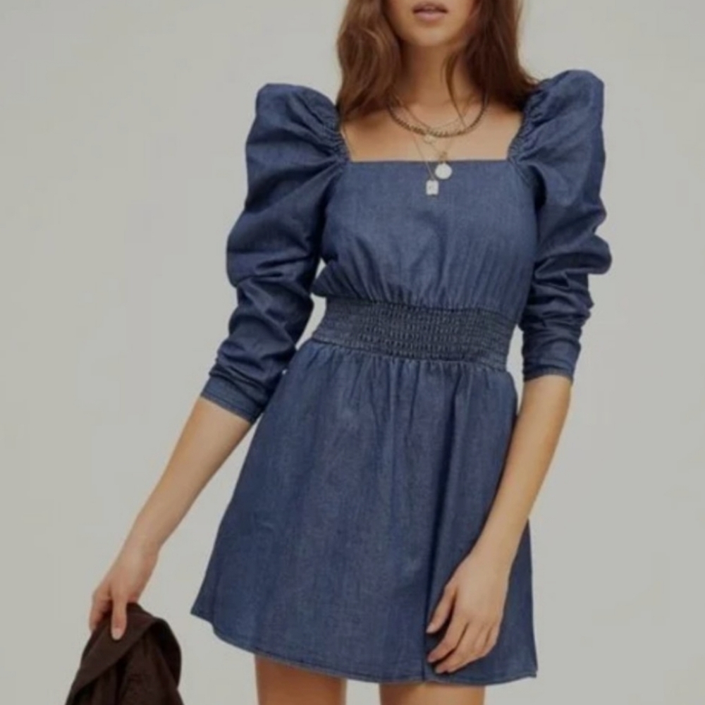FREE PEOPLE Molly Mini Denim Dress Puff Sleeve Pockets Size XL